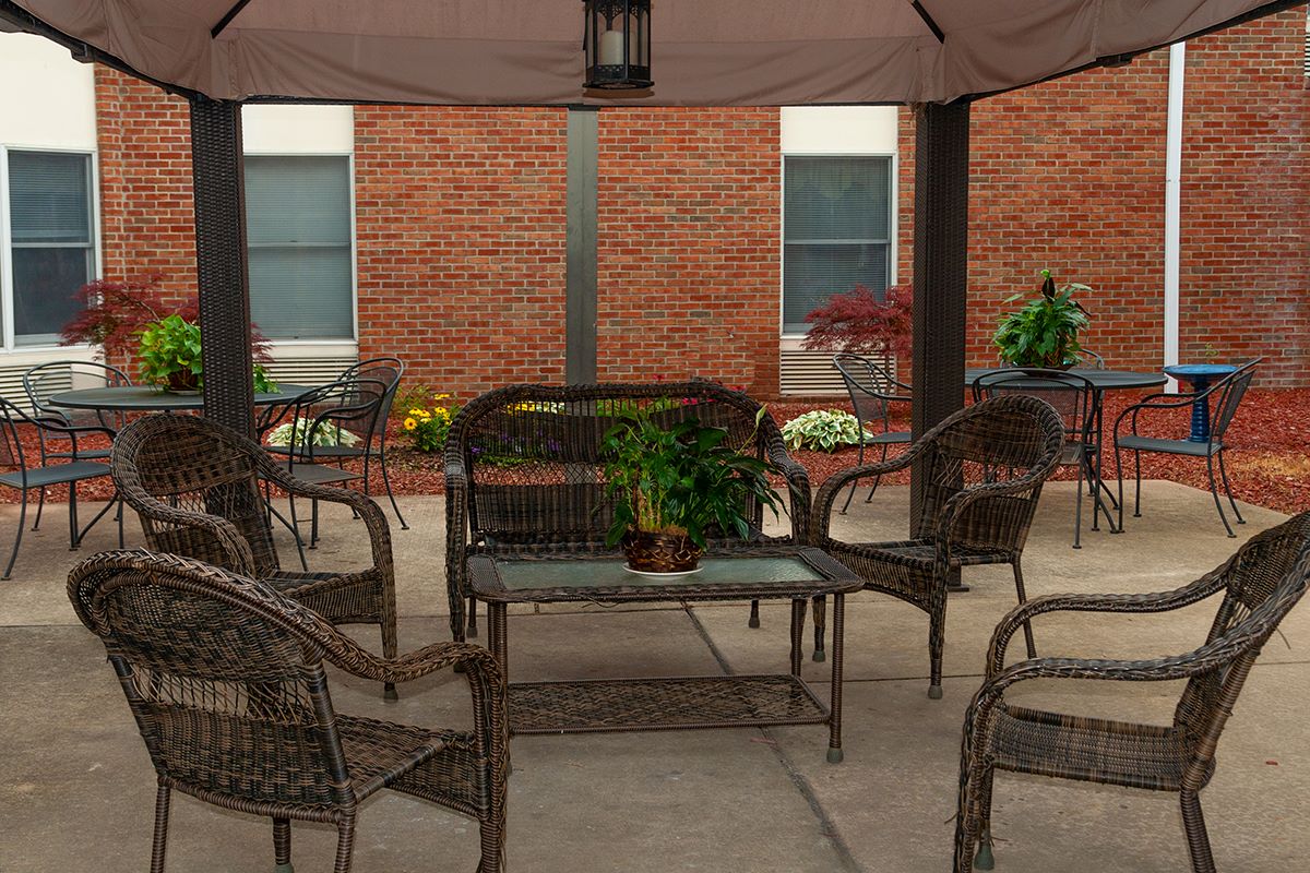 Outdoor seating area under a canopy